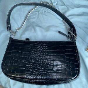 Black Croc-Embossed Shoulder Bag